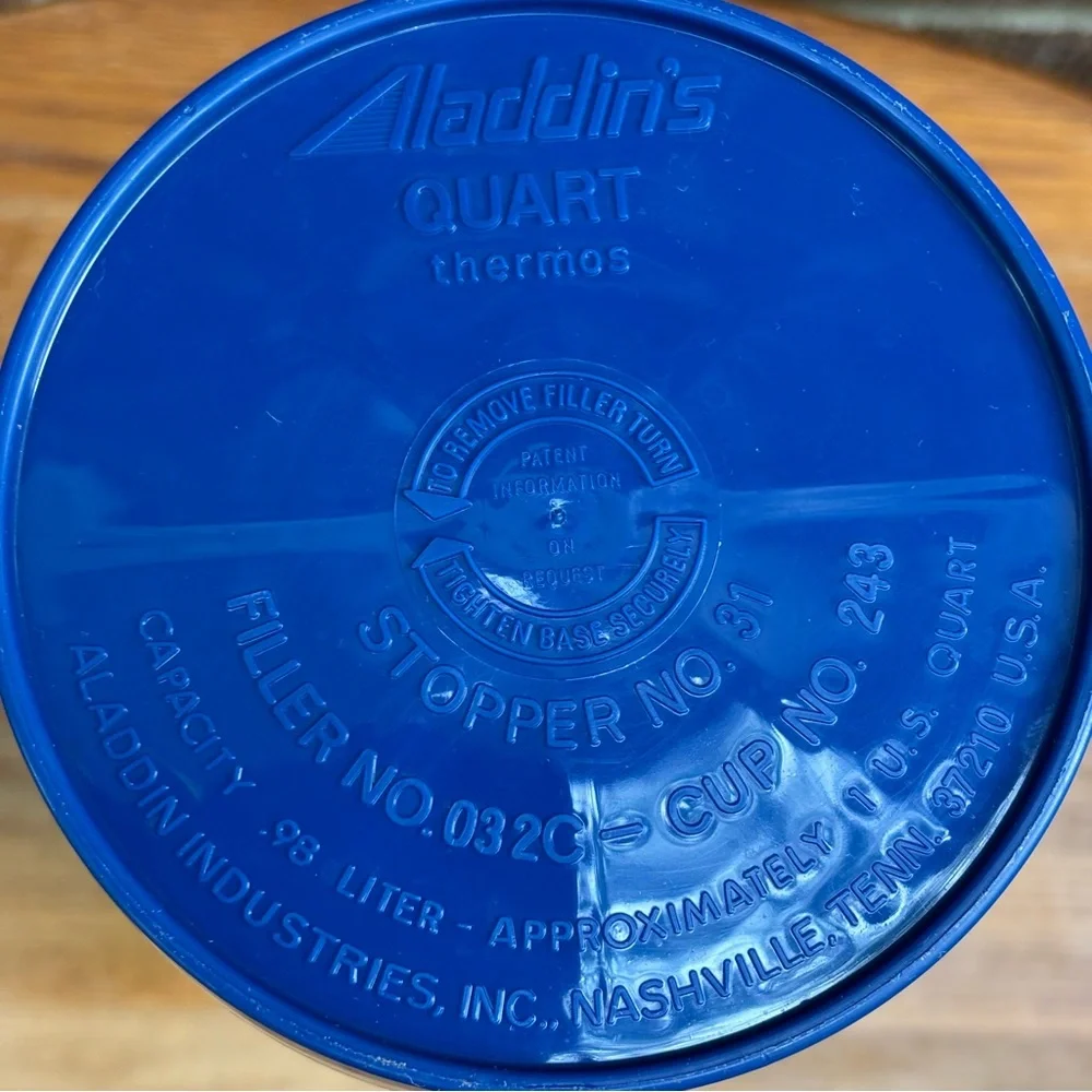 Vintage Aladdin Quart Thermos Retro Blues and Greens Stripe on Beige Stopper 12